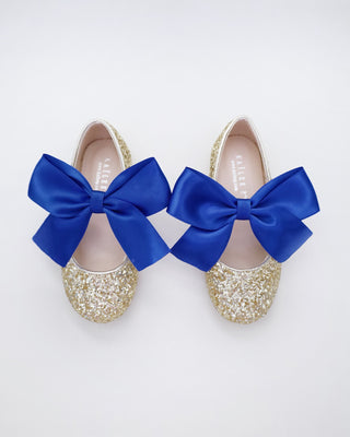Gold Rock Glitter Mary Jane with Red or Royal Blue Satin BowKids Shoes