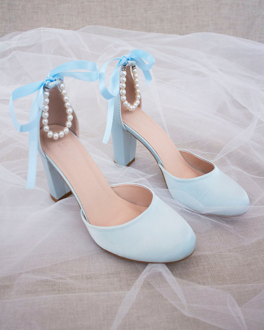 Light Blue Satin Block Heel with Pearls Ankle Strap, Bridal Shoes