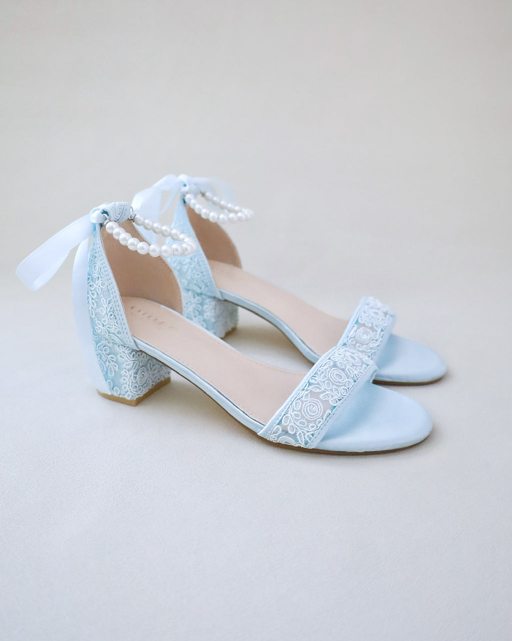 Crochet Lace Block Heel Wedding Sandals with Back Bow, Bridal Heel
