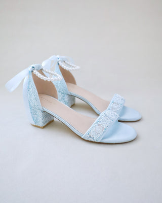 Crochet Lace Block Heel Wedding Sandals with All Pearl Ankle StrapWomen Shoes