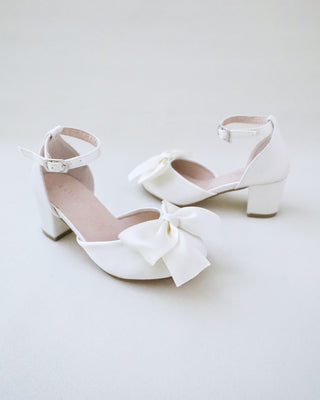 Girls Satin Block Heel with Front Satin BowKids Shoes
