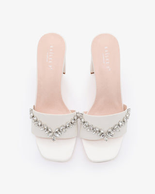 Satin Block Heels Slide Wedding Sandals with Starlet Rhinestones EmbellishmentsWomen Shoes