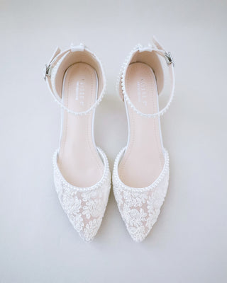 Crochet Lace Pointy Toe Wedding Kitten Low Heel with Mini PearlsWomen Shoes