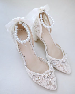 Lace Block Heel Pearl Ankle Wrap For BridesWomen Shoes