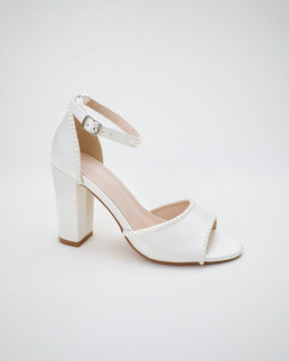 Satin Block Heel Wedding Sandals with Mini PearlsWomen Shoes