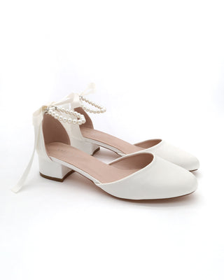 Round Toe Satin Low Block Heel with All Pearls Ankle StrapWomen Shoes