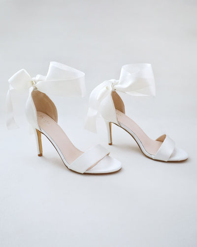ivory satin high heels wedding sandals with wrapped tie