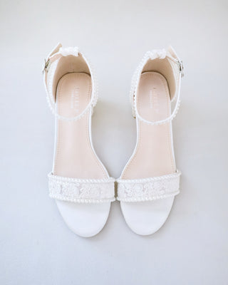 Crochet Lace Block Heel Wedding Sandals with Mini PearlsWomen Shoes