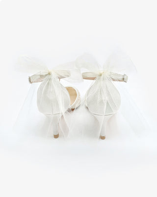 Crochet Lace Pointy Toe Wedding Kitten Low Heel with Tulle Back BowWomen Shoes