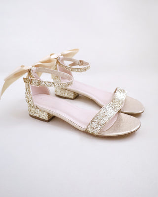 Rock Glitter Low Block Heel Wedding Sandals with Back Satin BowWomen Shoes