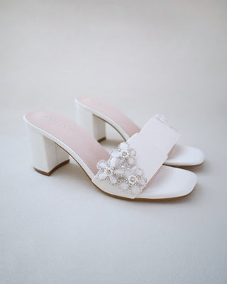 Satin Block Heels Slide Wedding Sandals with Rhinestones Chassia FlowerWomen Shoes