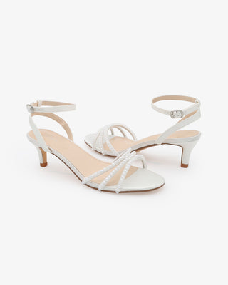 Satin Ankle Strap Low Heel Sandals with Mini PearlsWomen Shoes