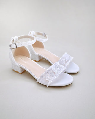 Crochet Lace Low Block Heel Girls Sandals with Mini PearlsKids Shoes