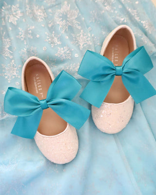 White Rock Glitter Mary Jane with Aqua Blue Or Teal Satin BowKids Shoes