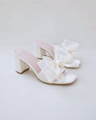 Satin Block Heels Wedding Slide Sandals with Layered Organza BowWomen Shoes