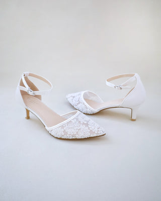 Crochet Lace Pointy Toe Wedding Kitten Low HeelWomen Shoes