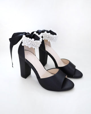 Satin Block Heel Evening Sandals with Perla Ankle StrapWomen Shoes