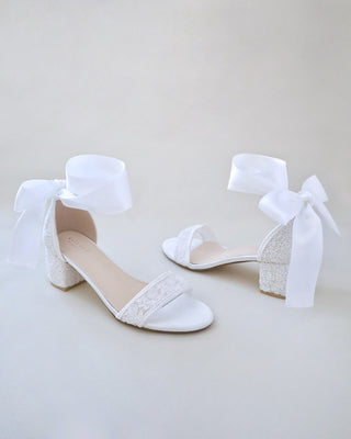 Crochet Lace Block Heel Wedding Sandals with Wrapped Ankle TieWomen Shoes