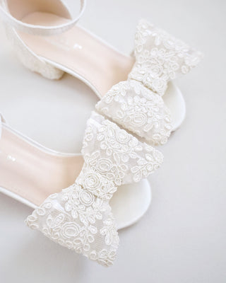 Lace Low Block Heel Girls Sandals with Oversized Crochet Lace BowKids Shoes
