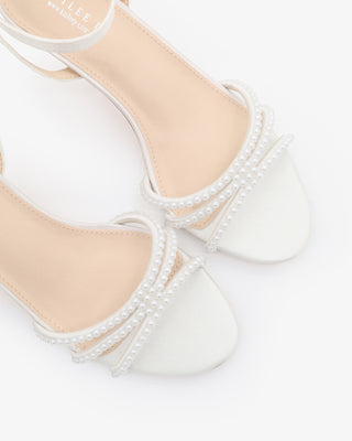Satin Ankle Strap Low Heel Sandals with Mini PearlsWomen Shoes