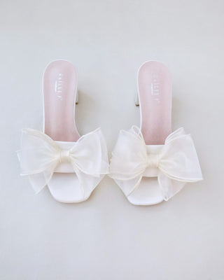 Satin Block Heels Wedding Slide Sandals with Layered Organza BowWomen Shoes