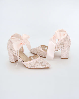 Dusty Pink Lace Block Heel Ankle Tie Evening ShoesWomen Shoes