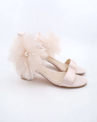 Dusty Pink Satin Block Heel Evening Sandals with Ophelia FlowersWomen Shoes