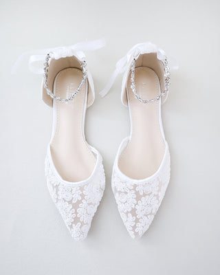 Wedding Crochet Lace Pointy Toe Flats with Amaryllis Crystal StrapWomen Shoes