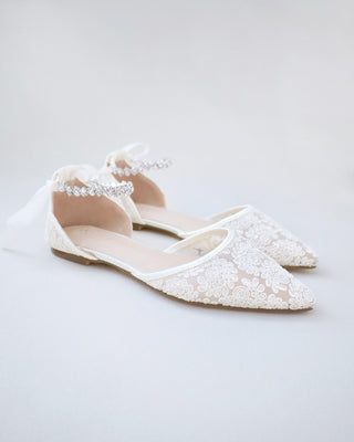 Wedding Crochet Lace Pointy Toe Flats with Amaryllis Crystal StrapWomen Shoes