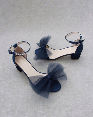 Satin Block Heel Sandal with Front Oversized Tulle BowWomen Shoes