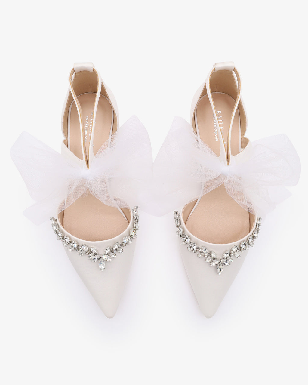 Satin Pointy Toe Flats with Rhinestones and Tulle Bow Tie, Wedding ...