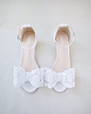 Crochet Lace Block Heel Wedding Sandals with Oversized Crochet Lace BowWomen Shoes