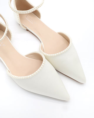 Satin Pointy Toe Flats with Mini Pearls and Ankle StrapWomen Shoes