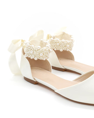 Satin Pointy Toe Wedding Flats with Perla Ankle StrapWomen Shoes