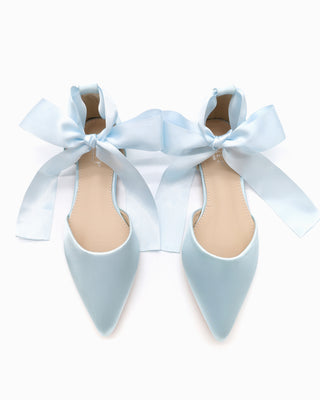 Satin Pointy Toe Bridal Flats with Ribbon Tie or Pearls StrapWomen Shoes