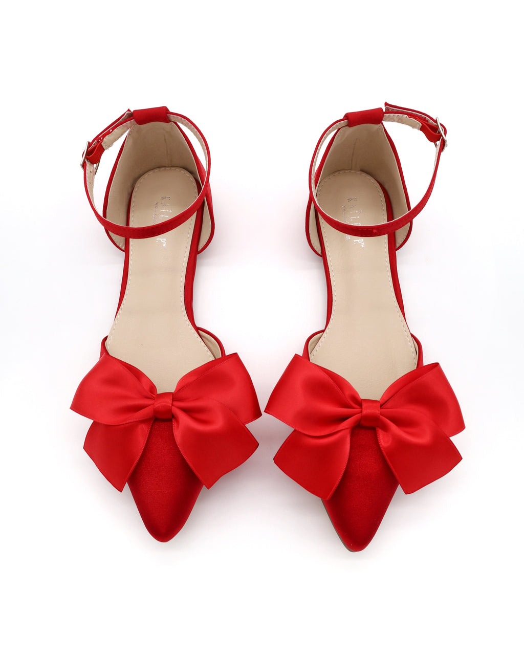 Red Satin Pointy Toe Flats with Front Satin Bow Women Shoes