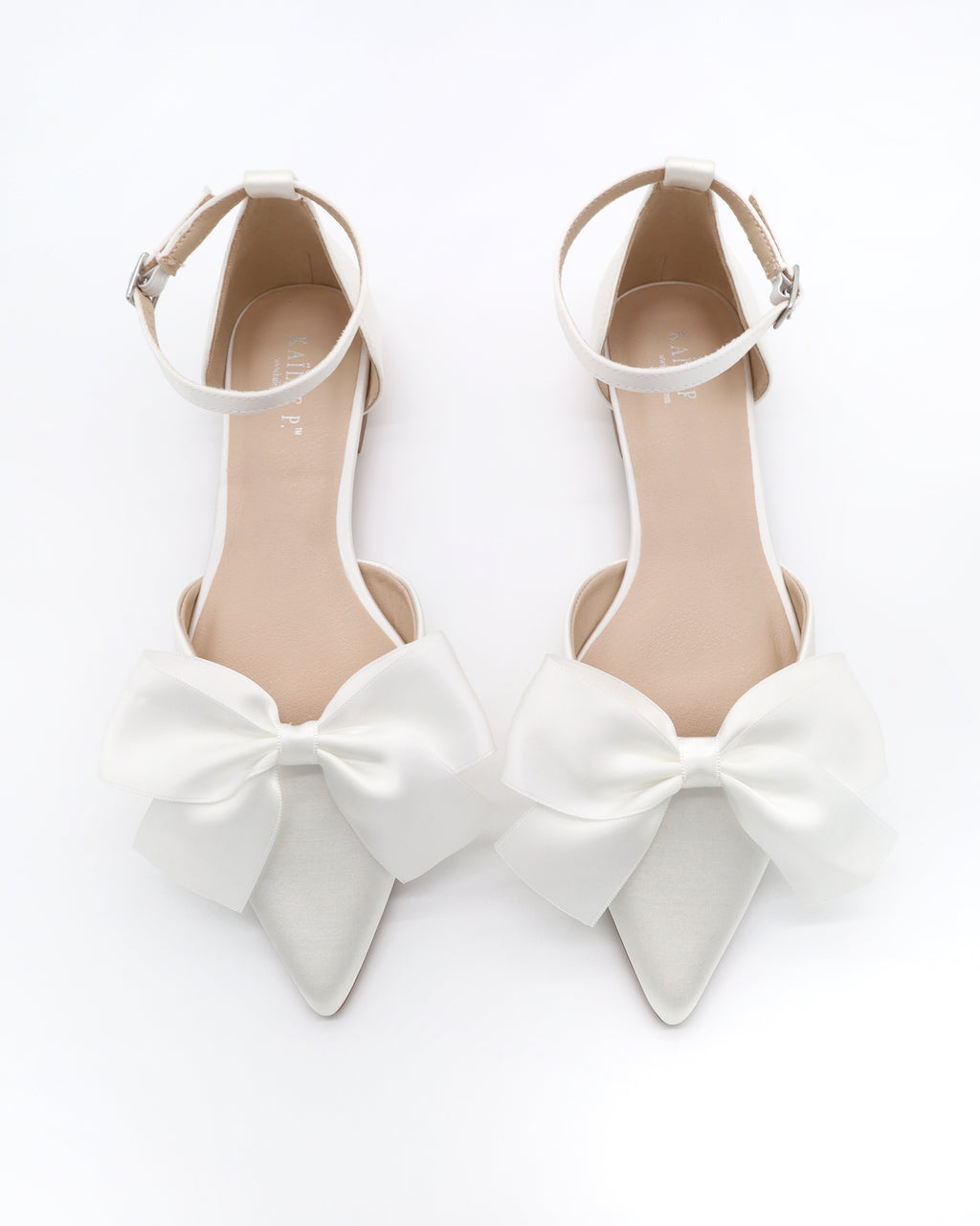 White Satin Pointy Toe Flats with Front Satin Bow Wedding Shoes