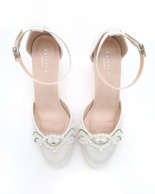 Satin Wedding Block Heel with Small Pearls AppliqueWomen Shoes