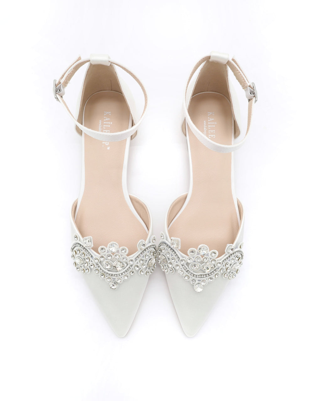 White Satin Pointy Toe Flats with Rhinestones Applique