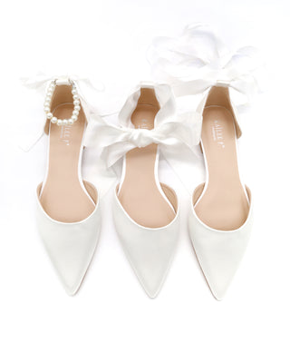 Satin Pointy Toe Bridal Flats with Ribbon Tie or Pearls StrapWomen Shoes