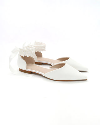 Satin Pointy Toe Wedding Flats with Perla Ankle StrapWomen Shoes