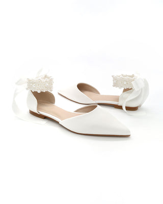 Satin Pointy Toe Wedding Flats with Perla Ankle StrapWomen Shoes