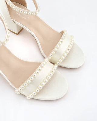 Satin Block Heel Sandals with PearlsWomen Shoes