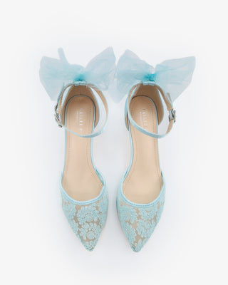 Crochet Lace Pointy Toe Wedding Kitten Low Heel with Tulle Back BowWomen Shoes