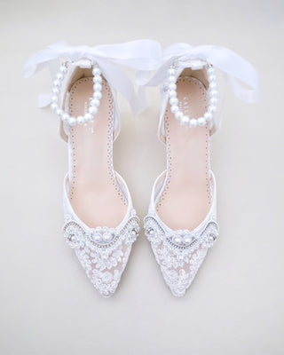 Lace Block Heel Pearl Ankle Wrap For BridesWomen Shoes