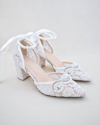 Lace Block Heel Pearl Ankle Wrap For BridesWomen Shoes