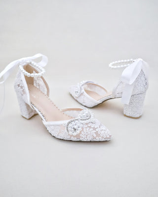 Lace Block Heel Pearl Ankle Wrap For BridesWomen Shoes