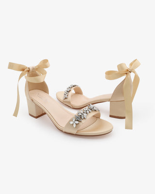 Satin Block Heel Sandals with Floral RhinestonesWomen Shoes