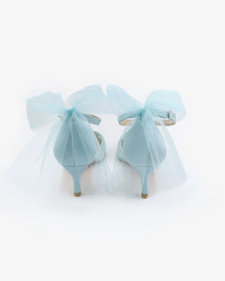 Crochet Lace Pointy Toe Wedding Kitten Low Heel with Tulle Back BowWomen Shoes