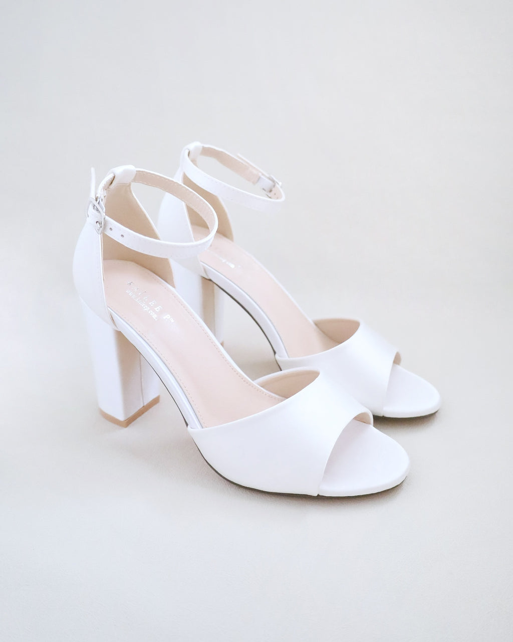 satin white block heels